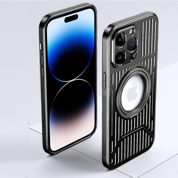 Compatible with iPhone 14 Pro Max Hollow Stand Case Cooling Heat Dissipation Electroplated Magnetic Kickstand Ring Fashion Protection Shockproof Cover for Women Girls Black