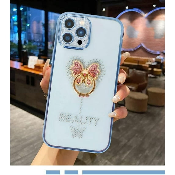Compatible with iPhone 14 Pro Max with Kickstand Bling Diamond Glitter Butterfly Clear Back Soft TPU Case with Ring Holder Stand Shiny Sparkly Protective Phone Case for Women Girls Blue