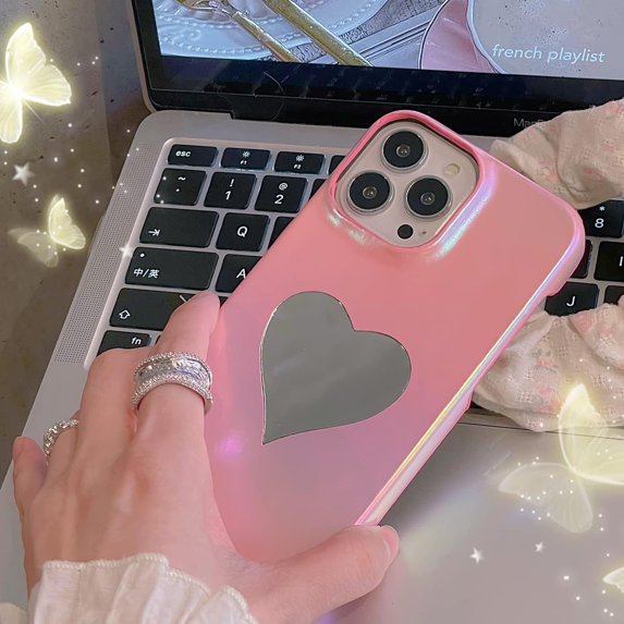 Compatible with iPhone 14 Pro Max Laser Case Hologram Glossy Love Heart Mirror Makeup PU Leather Cute Bling Unique Luxury Shockproof Protection Cover for Women Girls Pink