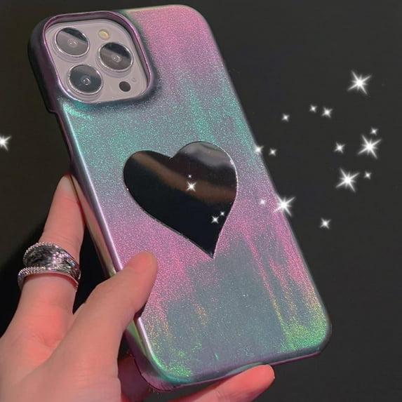 Compatible with iPhone 14 Pro Max Laser Case Hologram Glossy Love Heart Mirror Makeup PU Leather Cute Bling Unique Luxury Shockproof Protection Cover for Women Girls Purple