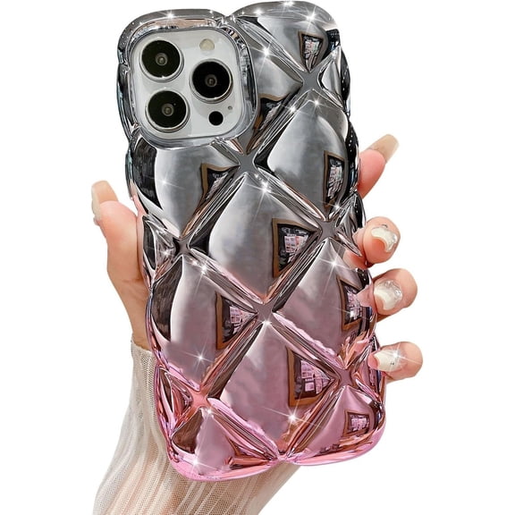 Compatible with iPhone 14 Pro Max, Luxury Gradient Diamond Grid Design Case, Electroplated 3D Pattern for Women Girls Anti-Drop Protective Back Cover-Pink