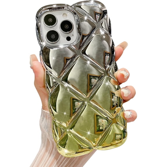 Compatible with iPhone 14 Pro Max, Luxury Gradient Diamond Grid Design Case, Electroplated 3D Pattern for Women Girls Anti-Drop Protective Back Cover-Yellow