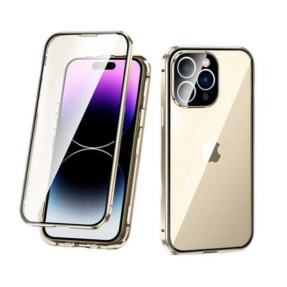 Compatible With iPhone 14 Pro Max Magnetic Case 360 Double-Sided Toughened Glass Case Full-Body Protection Metal Crash Frame For Iphone 14 Pro Max 6.7"yellow