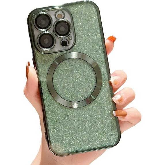 Compatible with iPhone 14 Pro Max Magnetic Case Glitter,Compatible with MagSafe,Camera Protector Luxury Plating Cute Bling Shiny Clear for Women Girls Cover Case for Iphone14promax (Green)