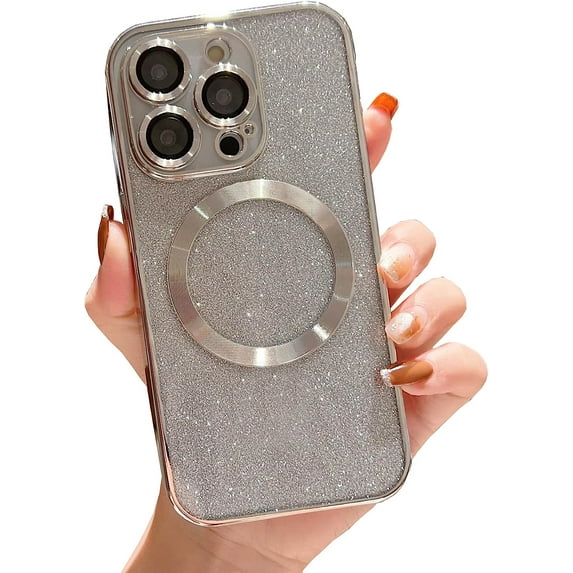 Compatible with iPhone 14 Pro Max Magnetic Case Glitter,Compatible with MagSafe,Camera Protector Luxury Plating Cute Bling Shiny Clear for Women Girls Cover Case for Iphone14promax (Silver)