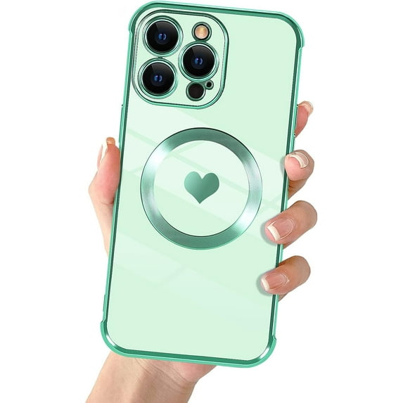 Compatible with iPhone 14 Pro Max Magnetic Case for Women Girls,Light Luxury Cute Love Heart MagSafe Plating Electroplated Bling Case Raised Full Camera Lens Protection Phone Case-Green