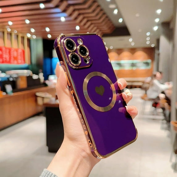 Compatible with iPhone 14 Pro Max Magnetic Case for Women Girls,Light Luxury Cute Love Heart MagSafe Plating Electroplated Bling Case Raised Full Camera Lens Protection Phone Case-Deep Purple