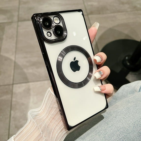 Compatible with iPhone 14 Pro Max Magnetic Clear Case, Luxury Plating Bling Transplant Shockproof MagSafe Case with Full Camera Lens Protector for iPhone 14 Pro Max Women Girl Men Elegant - Black