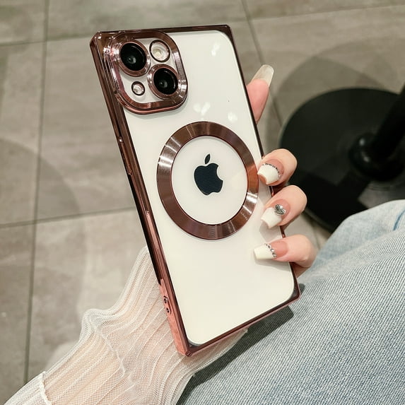 Compatible with iPhone 14 Pro Max Magnetic Clear Case, Luxury Plating Bling Transplant Shockproof MagSafe Case with Full Camera Lens Protector for iPhone 14 Pro Max Women Girl Men Elegant - Rosegold
