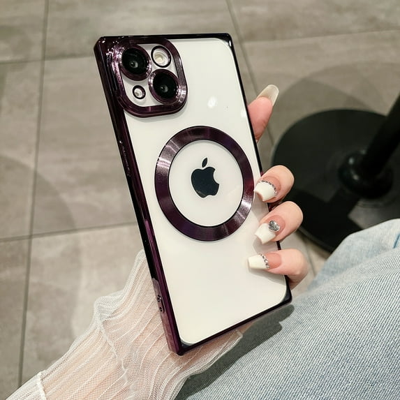 Compatible with iPhone 14 Pro Max Magnetic Clear Case, Luxury Plating Bling Transplant Shockproof MagSafe Case with Full Camera Lens Protector for iPhone 14 Pro Max Women Girl Men Elegant - Darkpurple