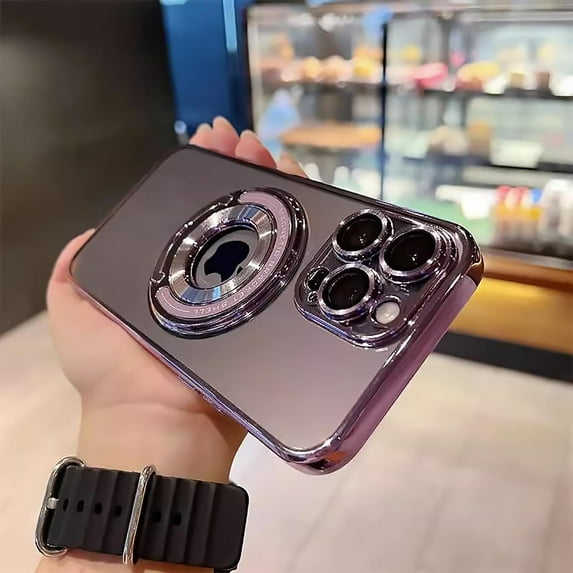 Compatible with iPhone 14 Pro Max Magnetic Clear Kickstand Case,Luxury Plating Transparent Bracket MagSafe Case with Full Camera Lens Protector for iPhone 14 Pro Max Women Girl Men-Purple