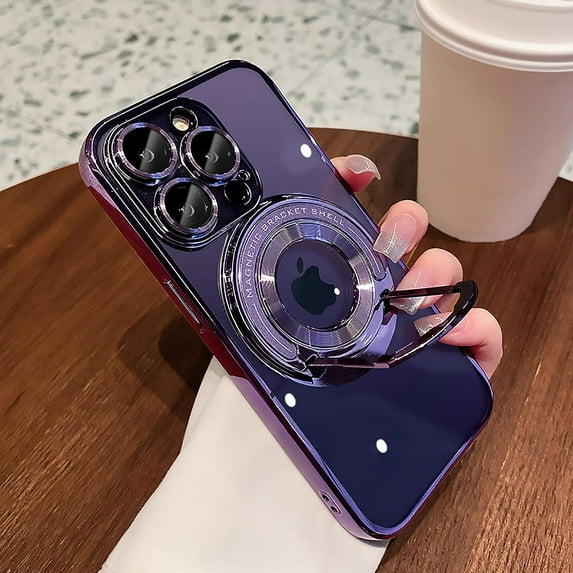 Compatible with iPhone 14 Pro Max Magnetic Clear Kickstand Case,Luxury Plating Transparent Bracket MagSafe Case with Full Camera Lens Protector for iPhone 14 Pro Max Women Girl Men-Deep Purple
