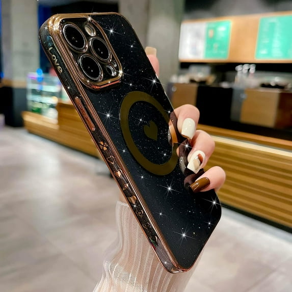 Compatible with iPhone 14 Pro Max Magnetic Glitter Case-6.7 Inch, Luxury Love Heart Pattern Plating Case, Compatible with MagSafe for Women Girls Shockproof Back Cover-Black