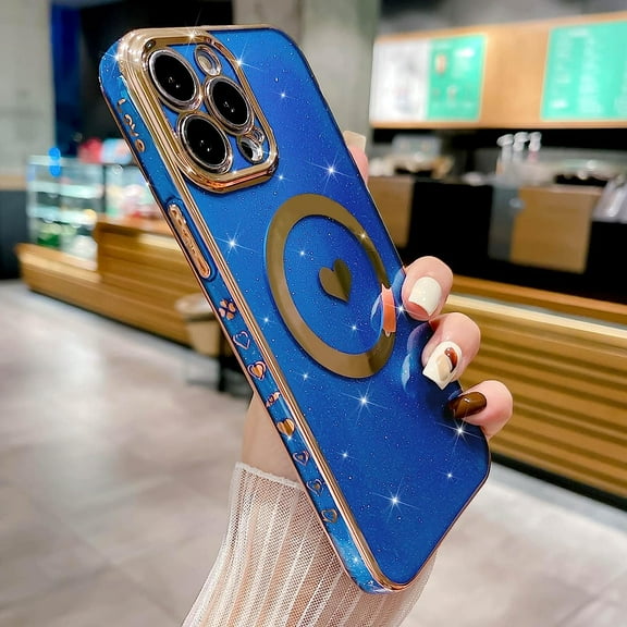 Compatible with iPhone 14 Pro Max Magnetic Glitter Case-6.7 Inch, Luxury Love Heart Pattern Plating Case, Compatible with MagSafe for Women Girls Shockproof Back Cover-Blue