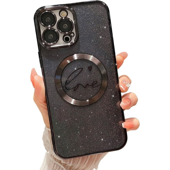 Compatible with iPhone 14 Pro Max Magnetic Glitter Case-6.7 Inch, Luxury Love Heart Pattern Plating Clear Case, Compatible with MagSafe for Women Girls Shockproof Back Cover-Black