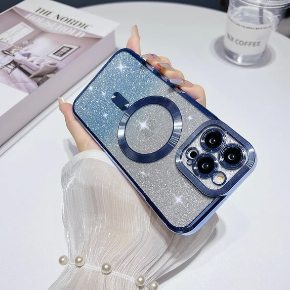 Compatible with iPhone 14 Pro Max Magnetic Glitter Case,Cute Plating Bling Phone Case Compatible with MagSafe for Women Girls Camera Protector Back Cover for iPhone 14 Pro Max 6.7'' Blue