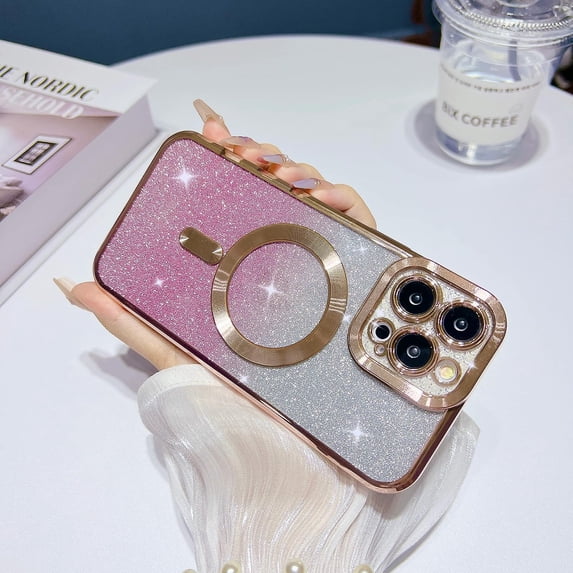 Compatible with iPhone 14 Pro Max Magnetic Glitter Case,Cute Plating Bling Phone Case Compatible with MagSafe for Women Girls Camera Protector Back Cover for iPhone 14 Pro Max 6.7'' Pink