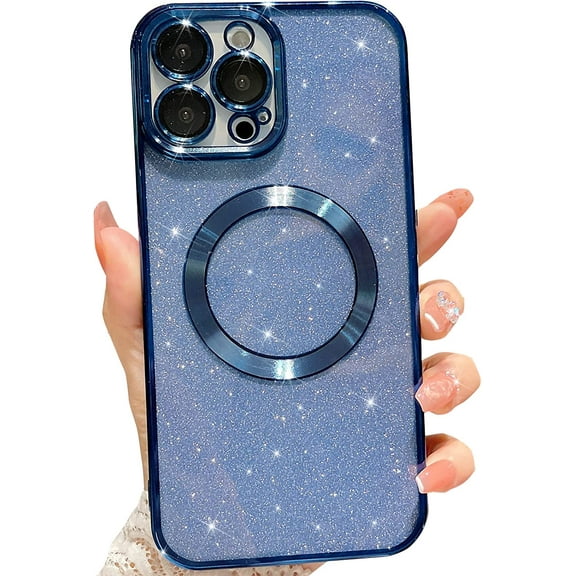 Compatible with iPhone 14 Pro Max Magnetic Glitter Case, Luxury Plating Cute Bling Clear Phone Case, Compatible with MagSafe for Women Girls with Camera Protector Back Cover - Blue