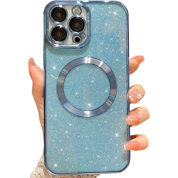 Compatible with iPhone 14 Pro Max Magnetic Glitter Case, Luxury Plating Cute Bling Clear Phone Case, Compatible with MagSafe for Women Girls with Camera Protector Back Cover - Light Blue