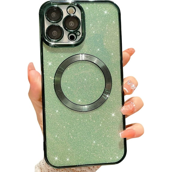 Compatible with iPhone 14 Pro Max Magnetic Glitter Case, Luxury Plating Cute Bling Clear Phone Case, Compatible with MagSafe for Women Girls with Camera Protector Back Cover - Green