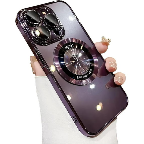 Compatible with iPhone 14 Pro Max Magnetic Transparent Case,Luxury Plating Bling Clear Shockproof MagSafe Case with Full Camera Len Protector for iPhone 14 Pro Max Women Girl Men-Elegant Purple