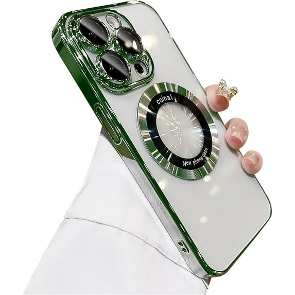 Compatible with iPhone 14 Pro Max Magnetic Transparent Case,Luxury Plating Bling Clear Shockproof MagSafe Case with Full Camera Len Protector for iPhone 14 Pro Max Women Girl Men-Elegant Green