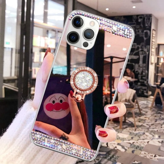 Compatible with iPhone 14 Pro Max Makeup Mirror Case Bling Diamond Glitter Rhinestone with Ring Holder Stand Kickstand Loopy Grip Cute for Girls Women Case for iPhone 14 Pro Max Rose Gold