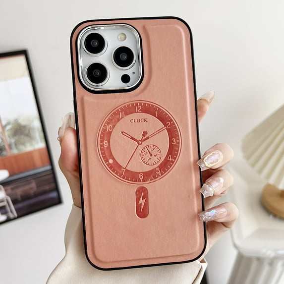 Compatible with iPhone 14 Pro Max PU Leather Case Magsafe with Clock Pattern, Vintage Silver Buttons & Camera Bezel Bump - Slim Fit & Soft - Premium Cover for iPhone 14 Pro Max, Rosegold