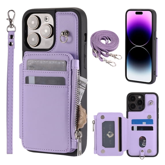 Compatible with iPhone 14 Pro Max PU Leather Clasp Flip Zipper Purse Case, with Shoulder Strap Lanyard for Women Credit Card Holder Cell Accessories Phone Cover for iPhone 14 Pro Max, Purple