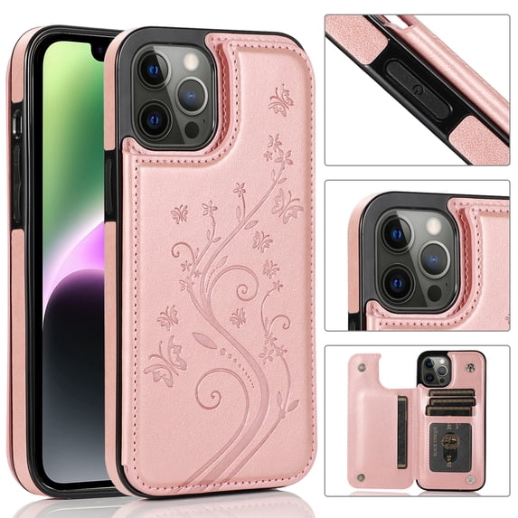 Compatible With iPhone 14 Pro Max Phone Case Back Double-buckle Knurling Design Card Pocket Kickstand PU Leather Shock-absorbent Anti-Fingerprint Lightweight Phone Cover,Rosegold