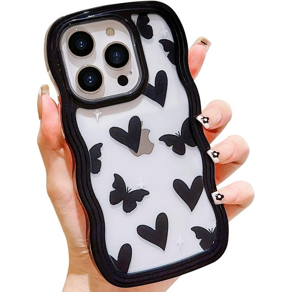 Compatible with iPhone 14 Pro Max Phone Case Butterfly Heart Cute Pattern for Women Girls Aesthetic Kawaii Wave Edge Protection Soft TPU Transparent Case for iPhone 14 Pro Max-Black