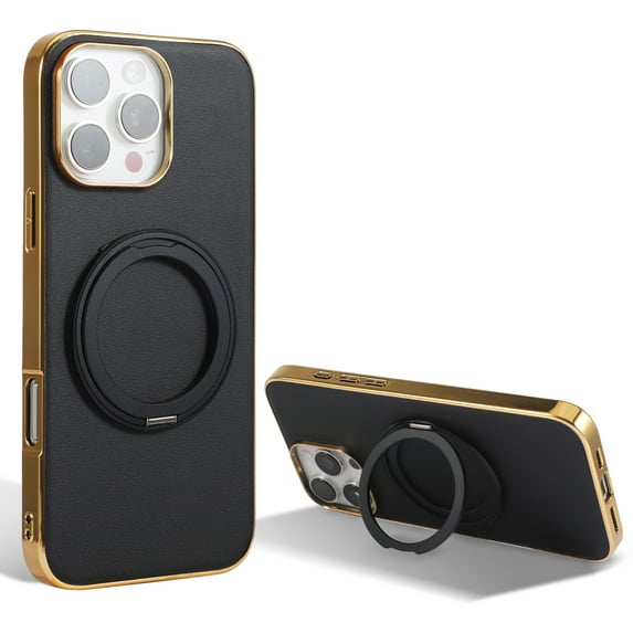 Compatible with iPhone 14 Pro Max, Rotating Magnetic Stand Ring Holder Shockproof Slim Cell Cover Protective, PU Leather Magsafe Plating Phone Cover Case for iPhone 14 Pro Max - Black
