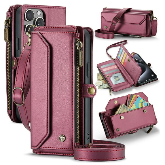 Compatible with iPhone 14 Pro Max Rugged PU Leather Wallet Case, Card Slots Zipper Pocket Lanyard Crossbody Strap Kickstand RFID Blocking Full Body Protection Cover for iPhone 14 Pro Max, Winered