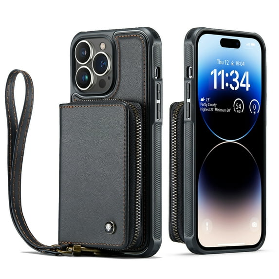 Compatible with iPhone 14 Pro Max,Shockproof Zipper Wallet Case with RFID Card Holder Slot Wrist Strap Handbag Protective Leather Cover For iPhone 14 Pro Max, Black