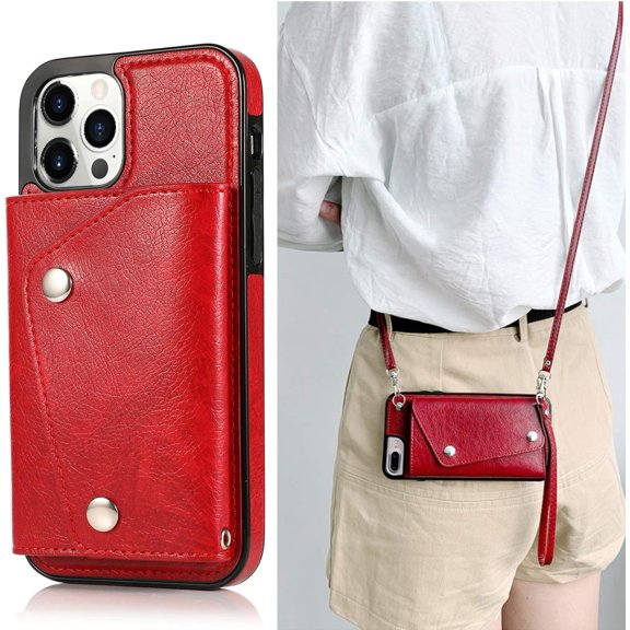 Compatible with iPhone 14 Pro Max Wallet Case with Card Holder Crossbody Neck Strap Lanyard Handbag Wrist Strap Purse for Women PU Leather Flip Case with Credit Card Kickstands Stand Case Red
