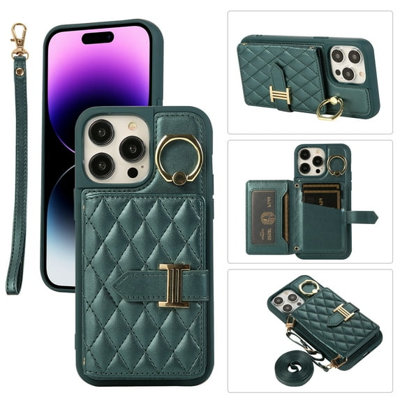 Compatible with iPhone 14 Pro Max Wallet Case, Crossbody PU Leather Detachable Adjustable Strap Wristlet with Card Holder Magnetic Clasp Kickstand Finger Ring Case for iPhone 14 Pro Max, Darkgreen