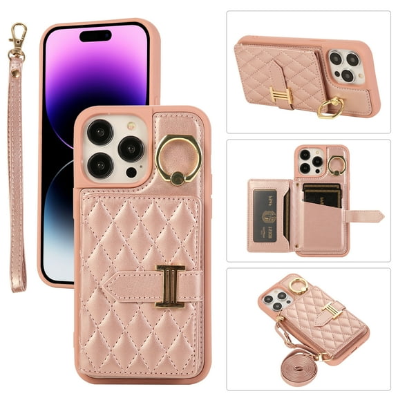 Compatible with iPhone 14 Pro Max Wallet Case, Crossbody PU Leather Detachable Adjustable Strap Wristlet with Card Holder Magnetic Clasp Kickstand Finger Ring Case for iPhone 14 Pro Max, Rosegold