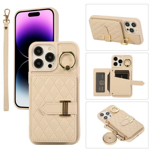 Compatible with iPhone 14 Pro Max Wallet Case, Crossbody PU Leather Detachable Adjustable Strap Wristlet with Card Holder Magnetic Clasp Kickstand Finger Ring Case for iPhone 14 Pro Max, Beige