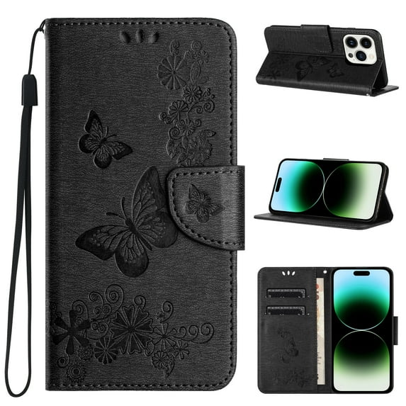Compatible With iPhone 14 Pro Max Wallet Case Full Coverage 360° Protection Dustproof Card Pocket Kickstand Butterfly Pattern Shockproof Magnetic Closure Luxury Folio Phone Cover,Black
