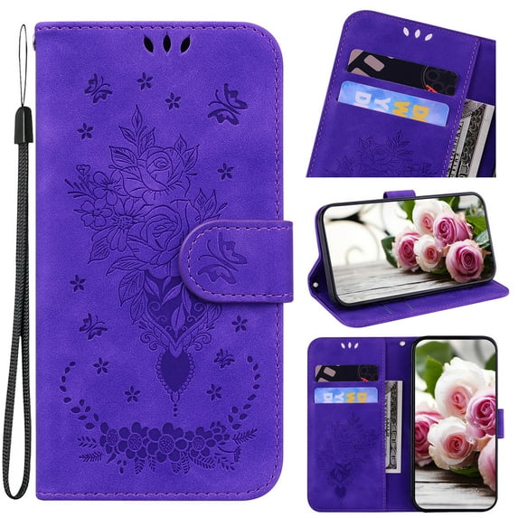 Compatible With iPhone 14 Pro Max Wallet Case Full Coverage Dustproof Embossed Butterfly Rose Pattern Kickstand Card Pocket Wristband Synthetic Leather Plain Phone Cover,Purple