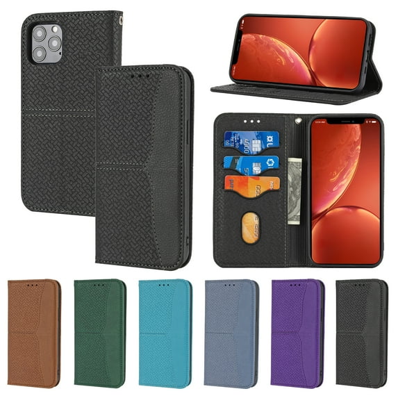 Compatible With iPhone 14 Pro Max Wallet Case Magnetic Closure Soft TPU Woven Pattern Design Multi-angle Kickstand Shock-absorbent Lightweight Solid Color Plain Phone Cover,Black