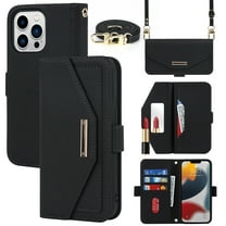 Compatible with iPhone 14 Pro Max Wallet Case, Premium PU Leather Card Slots Removable Adjustable Crossbody Strap Magnetic Leather Case with Kickstand & Make-up Mirror for iPhone 14 Pro Max, Black