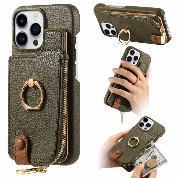 Compatible for iPhone 14 Pro Max Wallet Case with RFID Blocking, Zipper PU Leather Purse Case Ring Holder Stand with Card Holder, Shockproof Protection Magnetic Car Mount Phone Cover - Armygreen