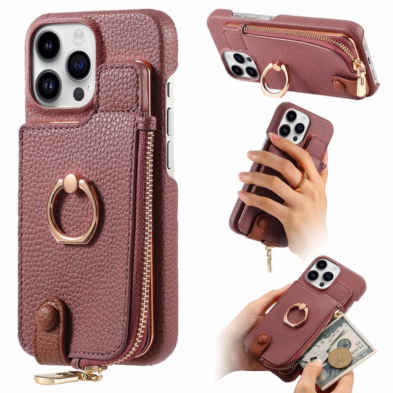 Compatible for iPhone 14 Pro Max Wallet Case with RFID Blocking, Zipper PU Leather Purse Case Ring Holder Stand with Card Holder, Shockproof Protection Magnetic Car Mount Phone Cover - Purple
