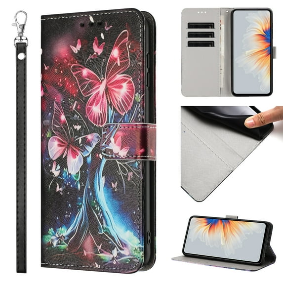Compatible with iPhone 14 Pro Max Wallet Case for Women Girls, Garden Flower Pattern Design PU Leather Flip Cover with Card Holder Kickstand Wrist Strap Protective Phone Case, Butterfly Tree