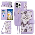 thumbnail image 1 of Compatible with iPhone 14 Pro Max Wallet Case for Women, Shoulder Strap + Wristband Premium PU Leather Floral Flip Cover with Card Holder Kickstand Feature Protective Purse Case, Purple, 1 of 9