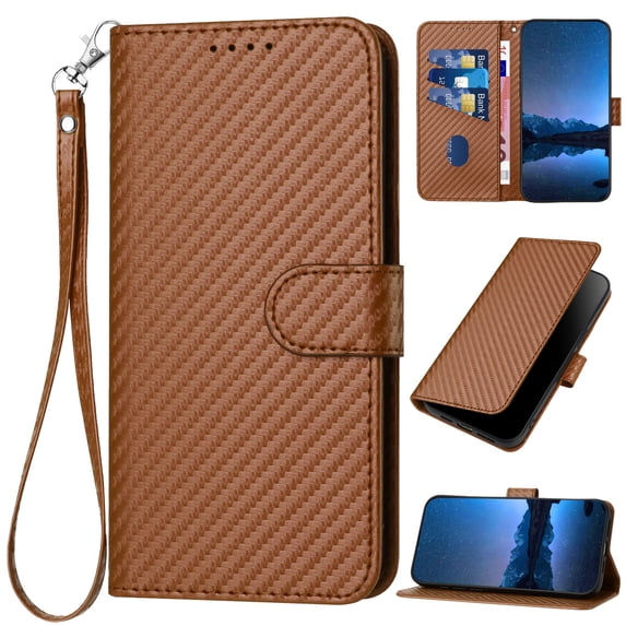 Compatible with iPhone 14 Pro Max Wallet Case, with Wrist Strap Carbon Fiber Texture PU Leather Flip Card Holder Stand Phone Cover for iPhone 14 Pro Max Women Men, Coffee