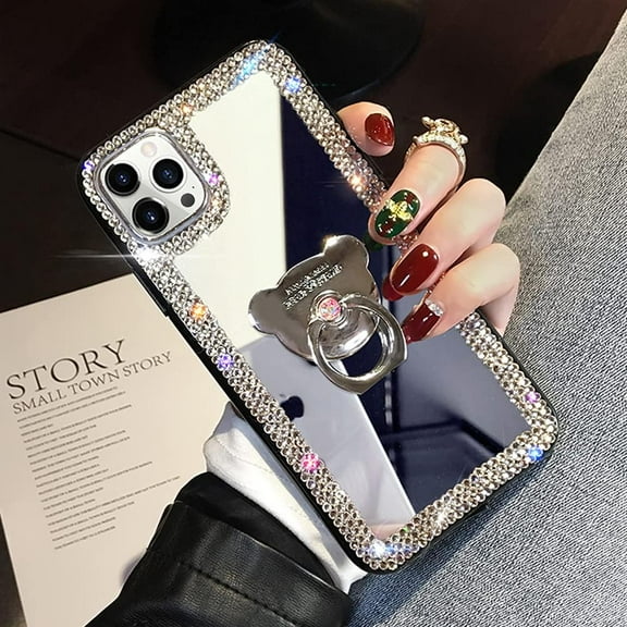 Compatible with iPhone 14 Pro Mirror Case Cute for Women Girls Bling Glitter Diamond Rhinestone with Ring Holder Loopy Finger Grip Kickstand Stand Cover Luxury Fashion Phone Case Silver