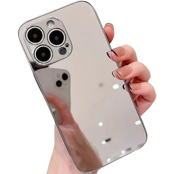 Compatible with iPhone 14 Pro Mirror Case for Women Girls Makeup Cute Luxury Glossy Mirror Back Silver Plating Design with Camera Full Protective Shockproof Cover