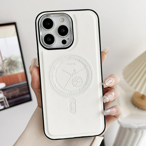 Compatible with iPhone 14 Pro PU Leather Case Magsafe with Clock Pattern, Vintage Silver Buttons & Camera Bezel Bump - Slim Fit & Soft - Premium Cover for iPhone 14 Pro, White